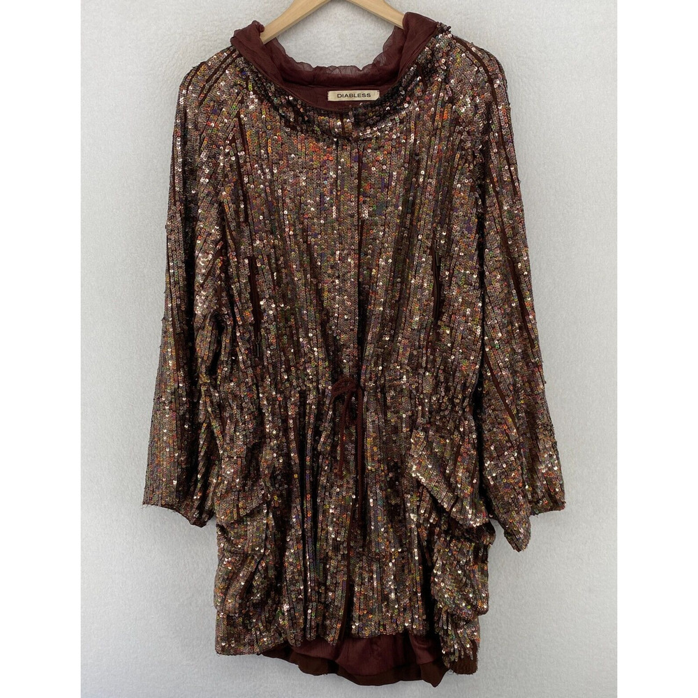 DIABLESS Jacket Womens L Seqiun Embellished Hoodie Coat Full Zip Cinched Brown